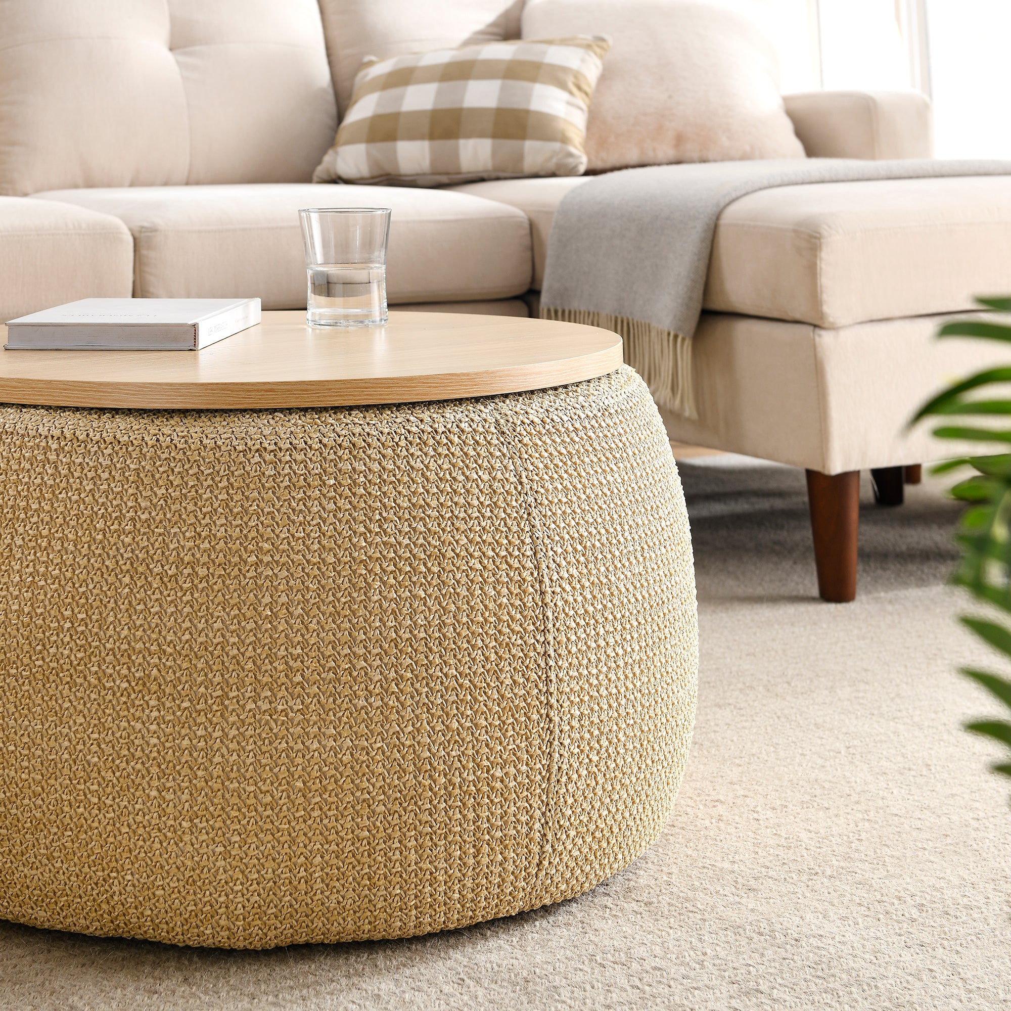 Round Storage Ottoman, 2 in 1 Function, Work as End table and Ottoman, Natural (25.5'x25.5'x14.5') - Grand Goldman Shop