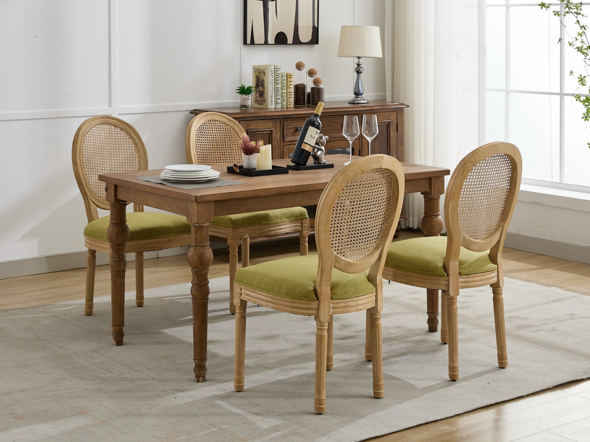 A&A Furniture,French Style Solid Wood Frame Antique Painting Linen Fabric Rattan Back Dining Chair,Set of 2,Olive-Green - Grand Goldman Shop