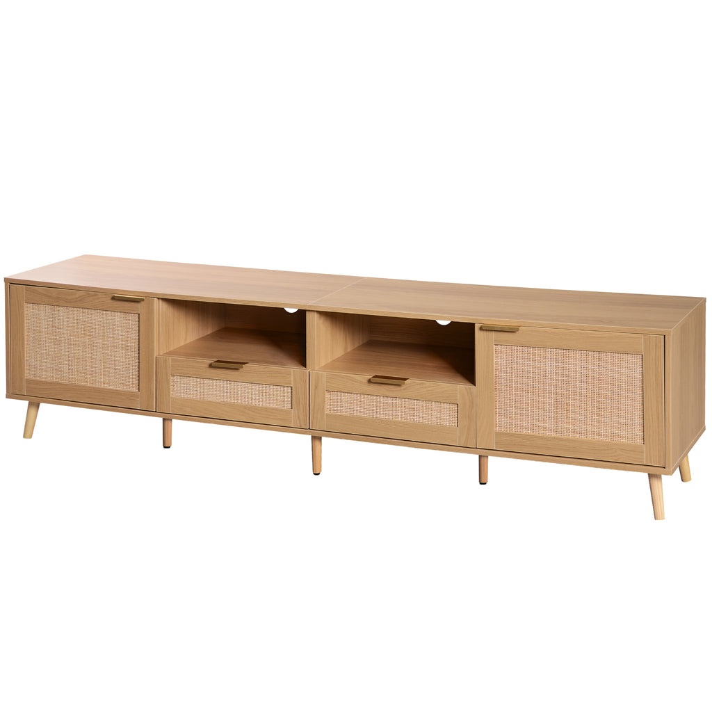 Modern Farmhouse Rattan TV Stand for TVs up to 85'', Solid Wood Legs, Media Console with MDF Board, Living Room Entertainment Center in Wood Finish - Grand Goldman Shop
