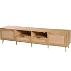 Modern Farmhouse Rattan TV Stand for TVs up to 85'', Solid Wood Legs, Media Console with MDF Board, Living Room Entertainment Center in Wood Finish - Grand Goldman Shop