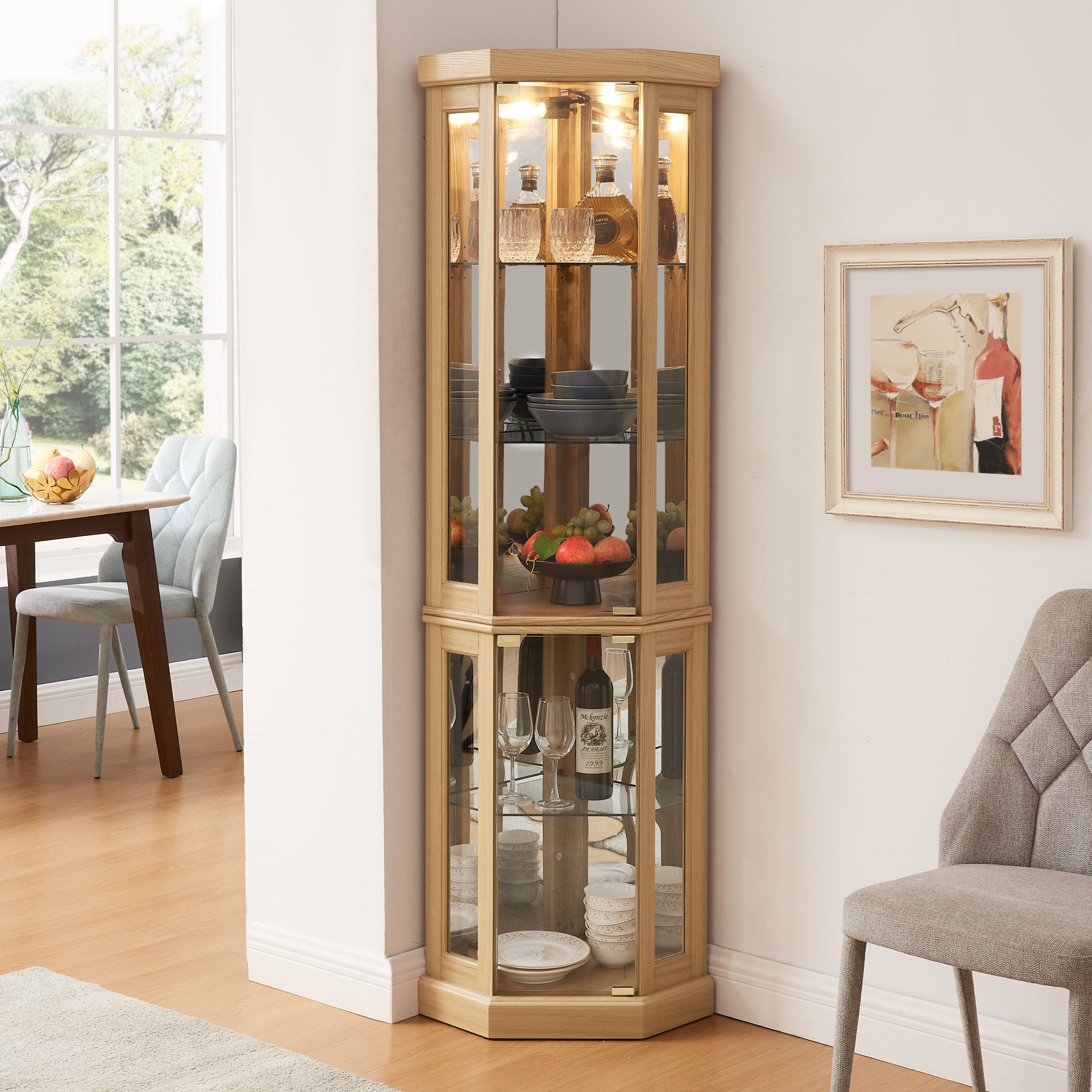 Corner Glass Cabinet Lighted Curio Cabinet Corner Display Case for Living Room, Curio Cabinet, Antique collection, Wine,Bar Glass Storage Light Included, Light oak - Grand Goldman Shop