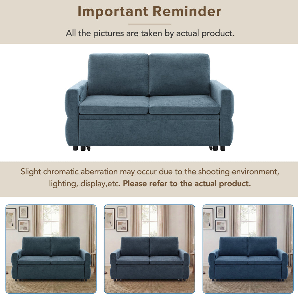 Convertible Sofa Bed 62.75' Loveseat with Adjustable Backrest and USB Ports in Blue Chenille Fabric - Grand Goldman Shop