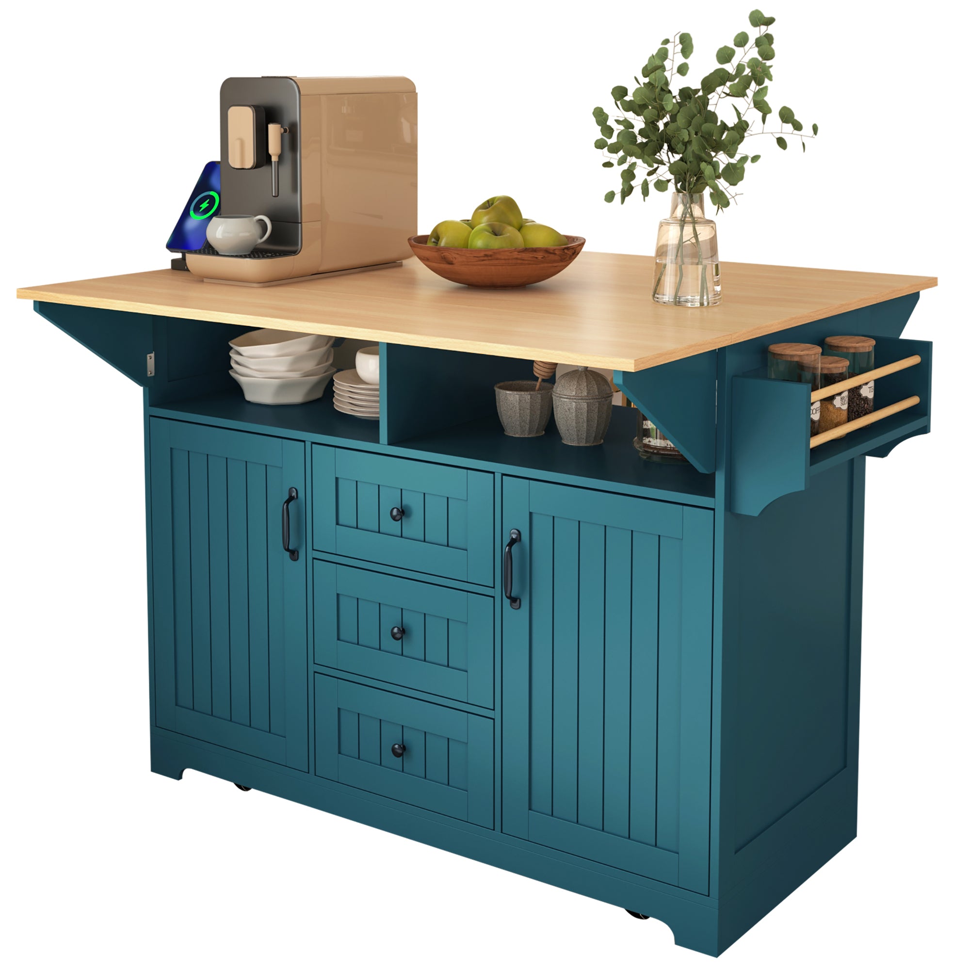 K&K 55.7'' Large Kitchen Island with 2 Drop Leaf,, Rolling Kitchen Cart on 5 Wheels with Power Outlet, Folding Storage Dining Table with Spice & Towel Rack , 3 Drawers, for Kitchen, Dining Room,Green - Grand Goldman Shop