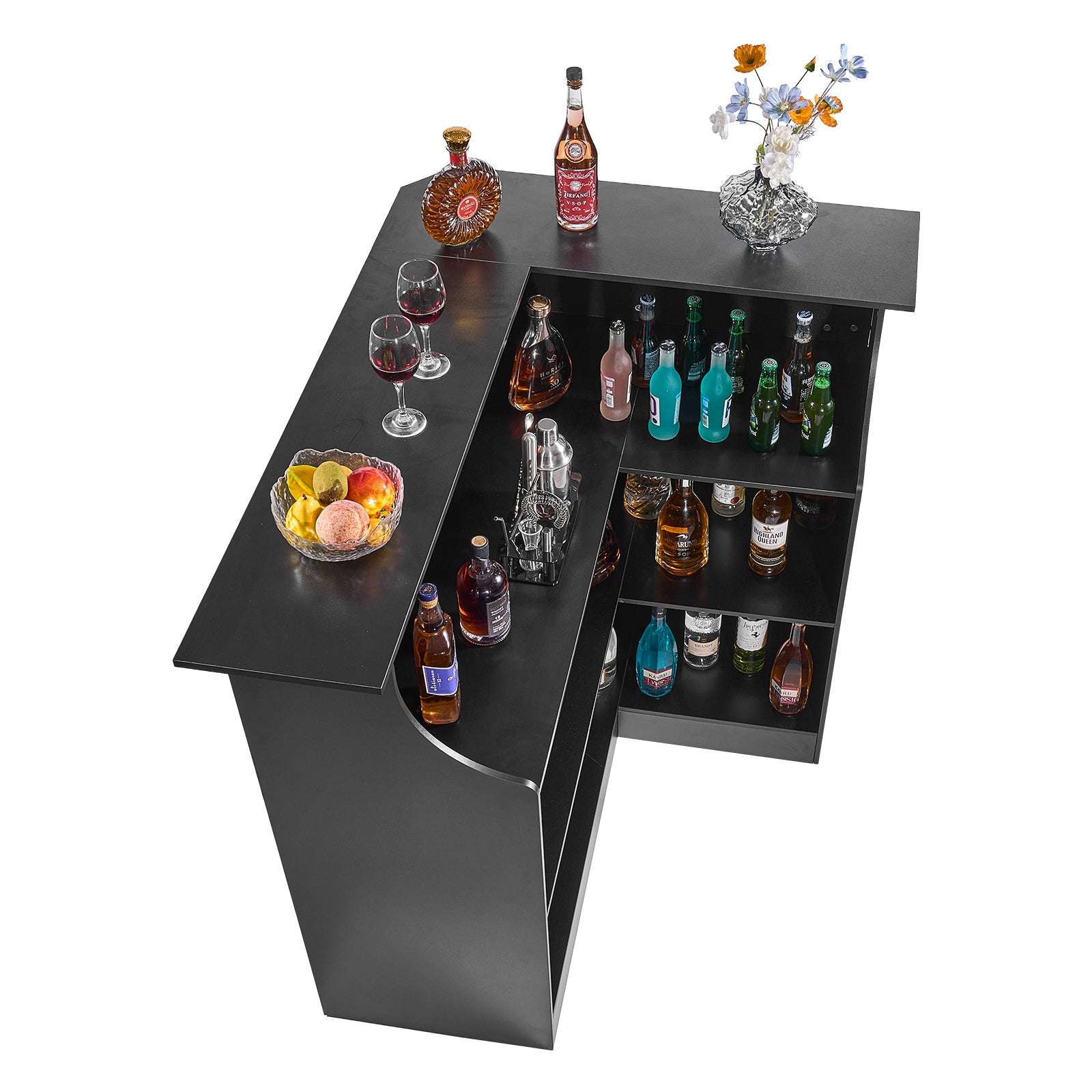 Home Bar Unit, L-Shaped Wine Bar Cabinet Table 4-Tier with Storage Shelves,  Wine Glass Holder, 300 lbs Max Capacity, Wood Liquor Cabinet for Home, Kitchen, Living Room, Pub, Basement, Black - Grand Goldman Shop