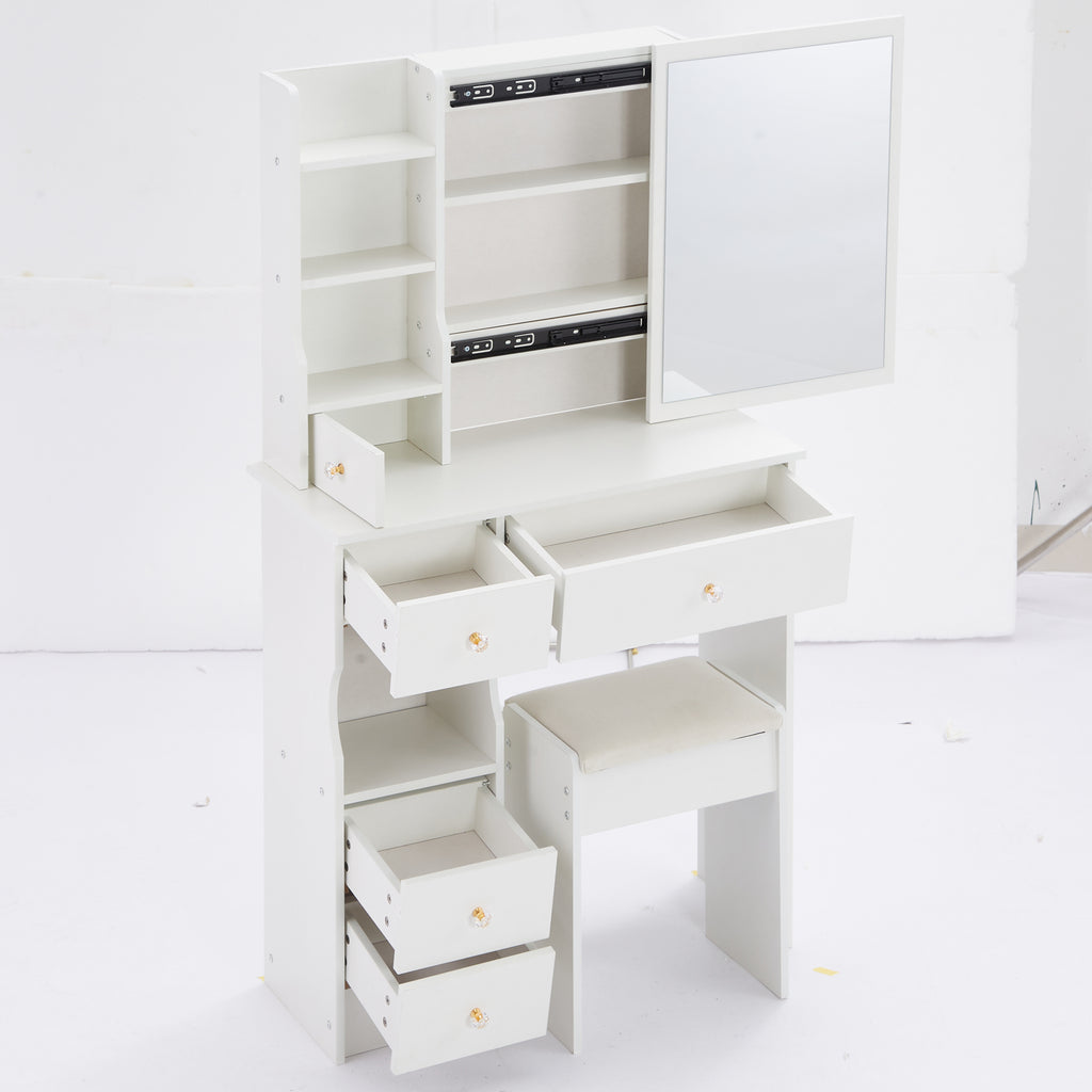 29.2' Small Space Left Drawer Desktop Vanity Table + Cushioned Stool, Extra Large Right sliding mirror, Multi Layer High Capacity Storage, Practical Fashionable Dresser, EPA, GCC, UL Certificate - Grand Goldman Shop