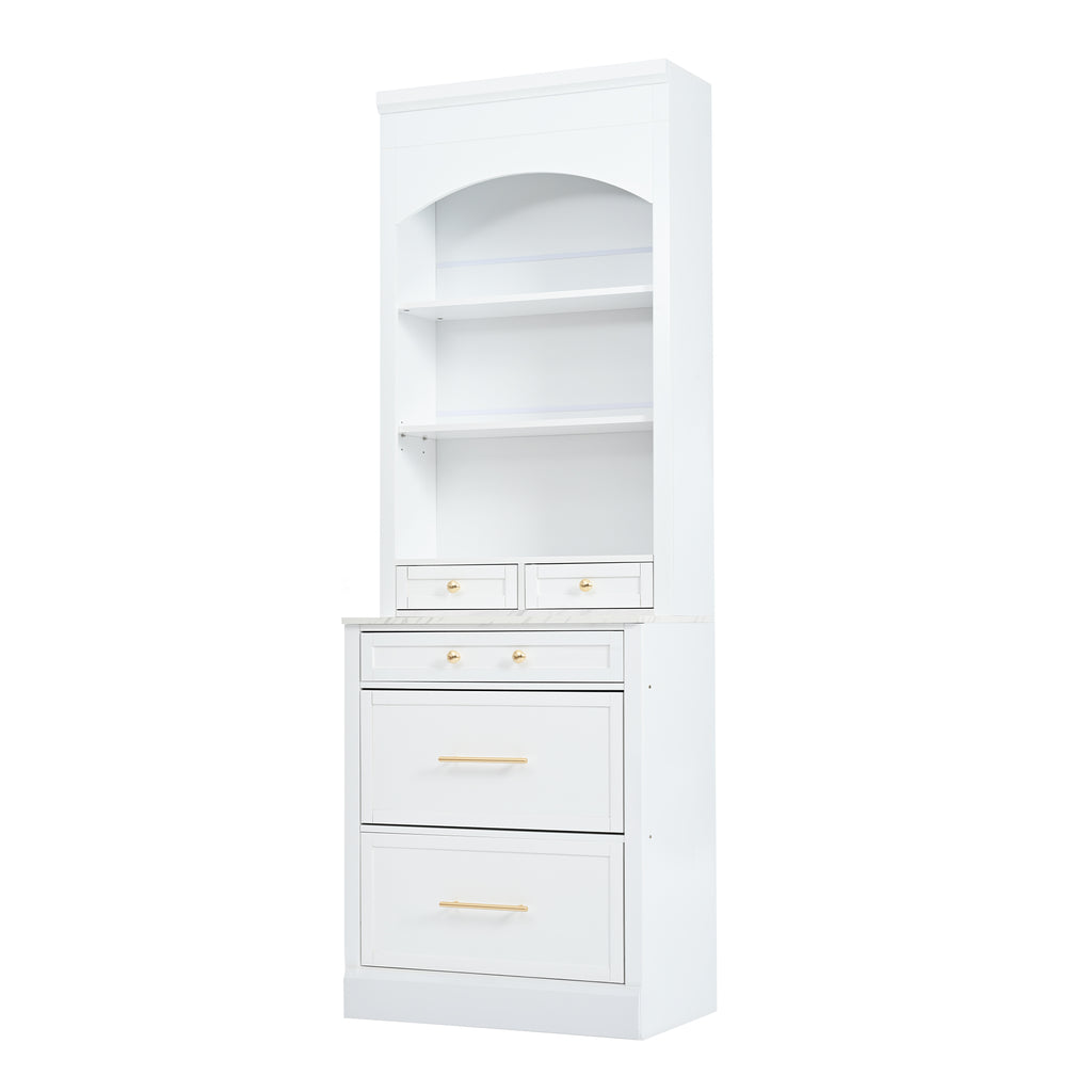 [Assembly Video Provided] TOPMAX Modern 83.7inch High Kitchen Pantry, Freestanding Tall Kitchen Hutch with Faux Marble Top,Cupboard Cabinet with 5 Storage Drawers and Adjustable Shelf, Set of 2, White - Grand Goldman Shop