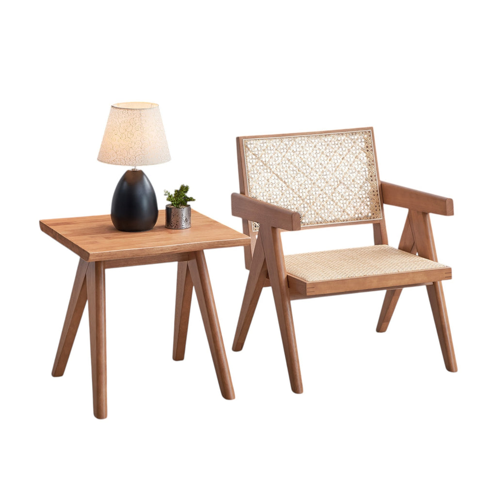 Natural Wood Armchair and Matching Square End Table, 2-Piece Living Room Set - Grand Goldman Shop