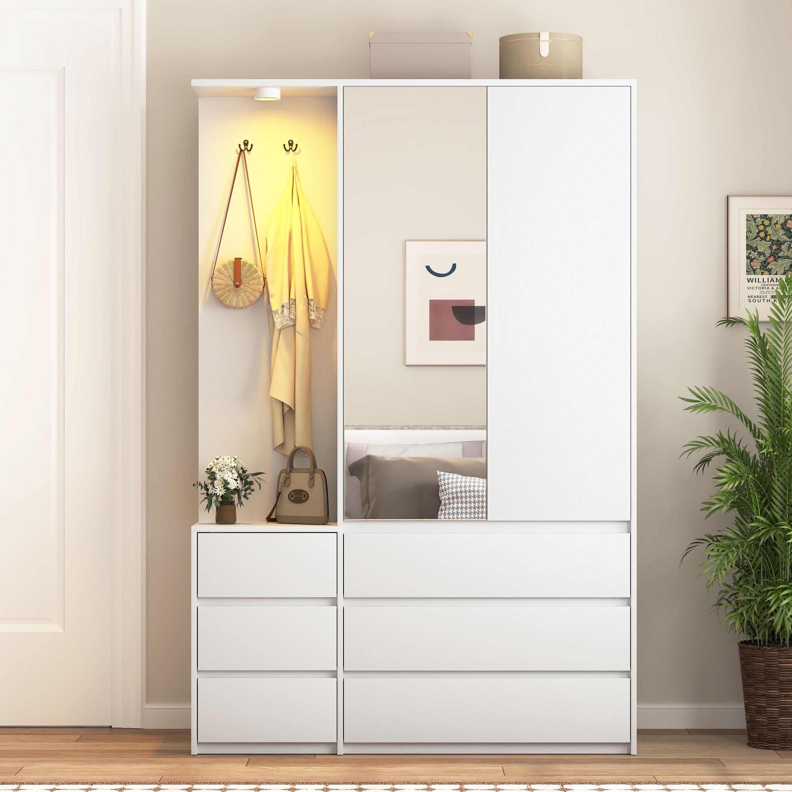 Wardrobe Closet 71.7' H, Bedroom Wooden Wardrobe with 2 Doors 6 Drawers, Modern Clothing Storage Cabinet Combination with Storage Shelves and Hanging Rail, White - Grand Goldman Shop