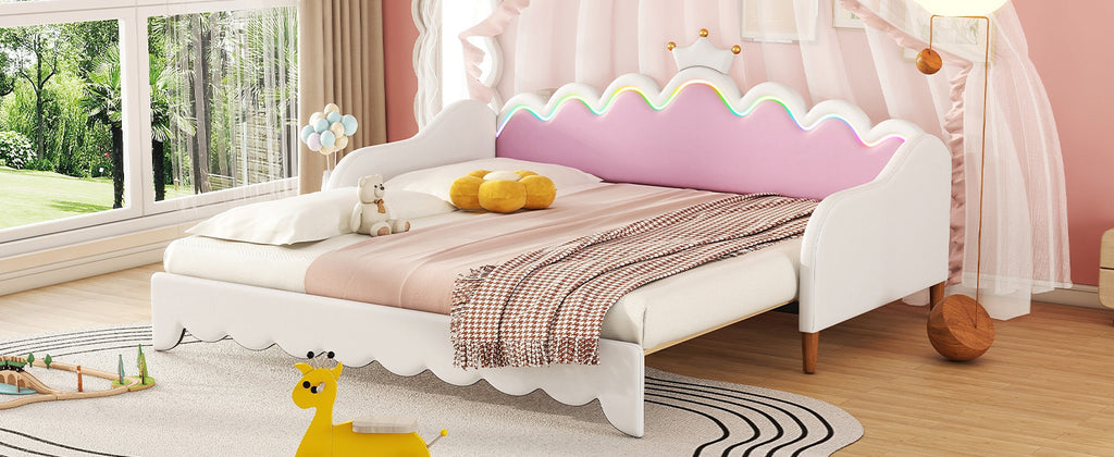 Twin Extending Daybed with LED Lights, Modern Upholstered Princess Daybed With Crown Headboard,White - Grand Goldman Shop
