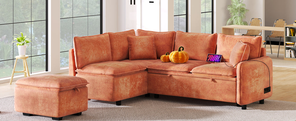 Convertible L-shaped Sofa Bed with Storage Ottoman, Power Sockets & USB Ports, Orange Chenille, 82.67' - Grand Goldman Shop