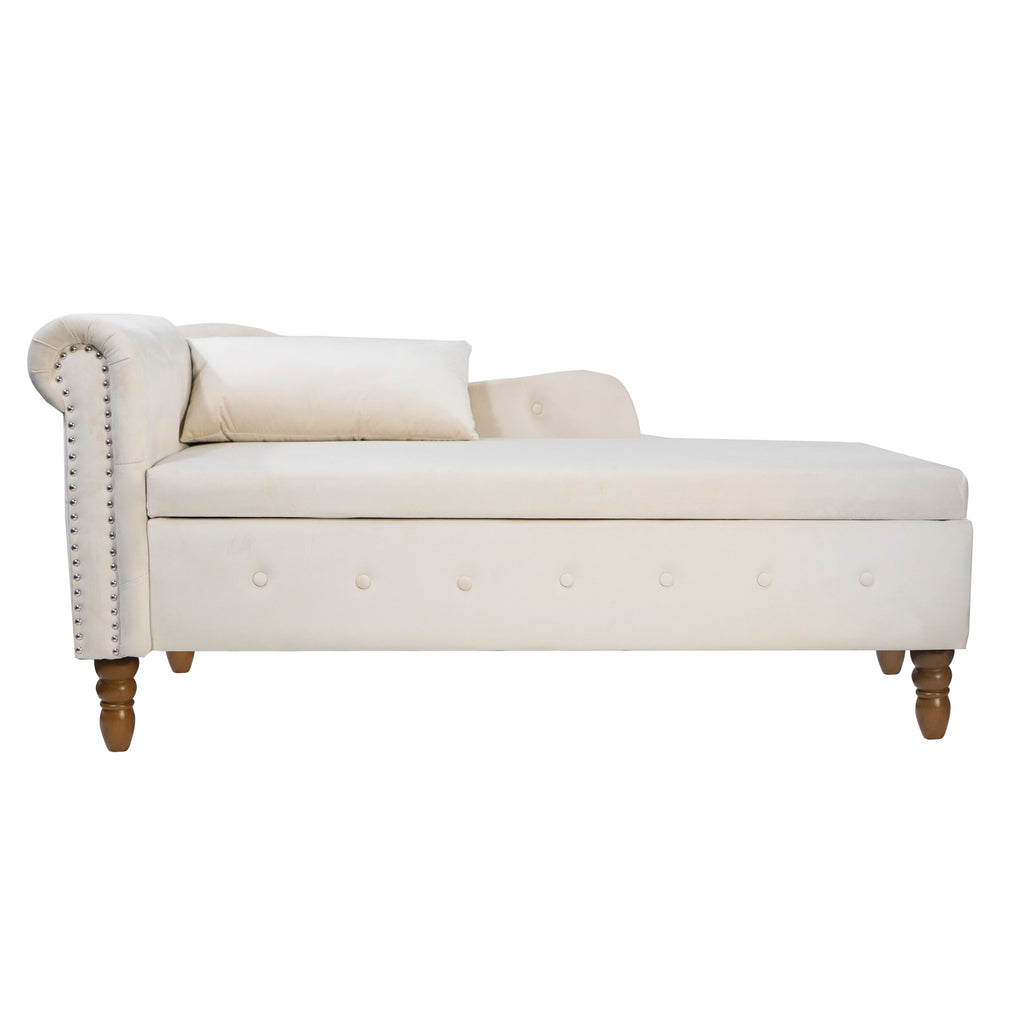 Beige Chaise Lounge Indoor, Velvet Lounge Chair for Bedroom with Storage & Pillow, Modern Upholstered Rolled Arm Chase Lounge for Sleeping with Nailhead Trim for Living Room Bedroom Office - Grand Goldman Shop