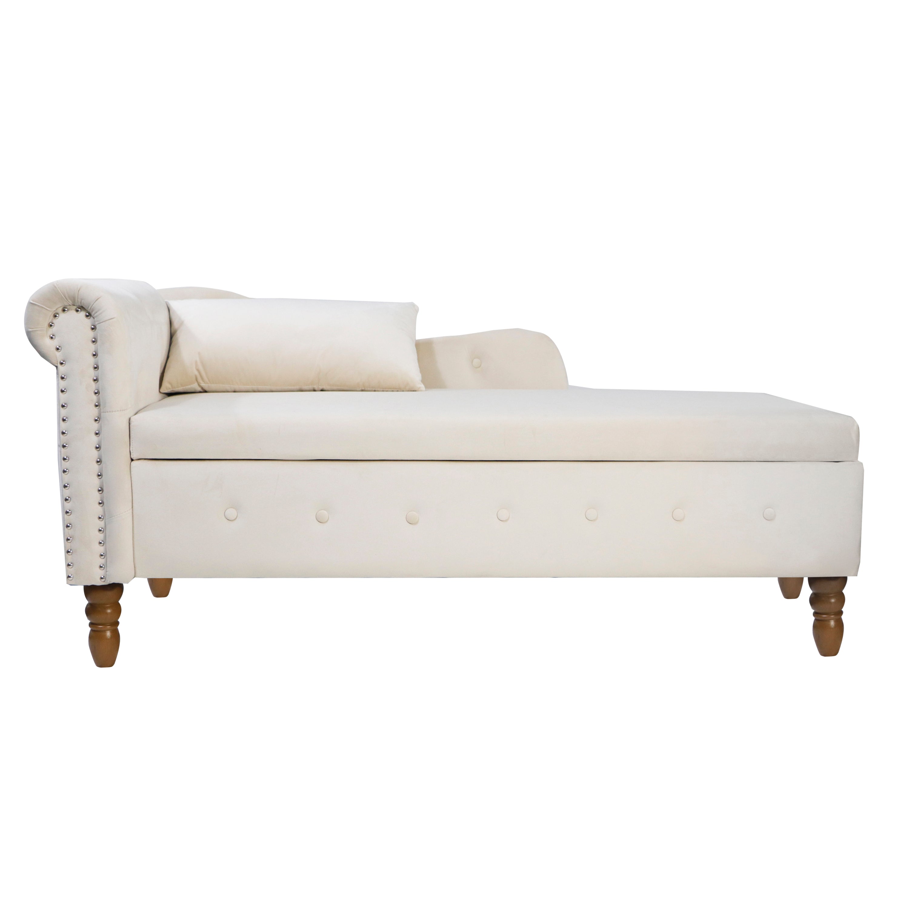Beige Chaise Lounge Indoor, Velvet Lounge Chair for Bedroom with Storage & Pillow, Modern Upholstered Rolled Arm Chase Lounge for Sleeping with Nailhead Trim for Living Room Bedroom Office - Grand Goldman Shop