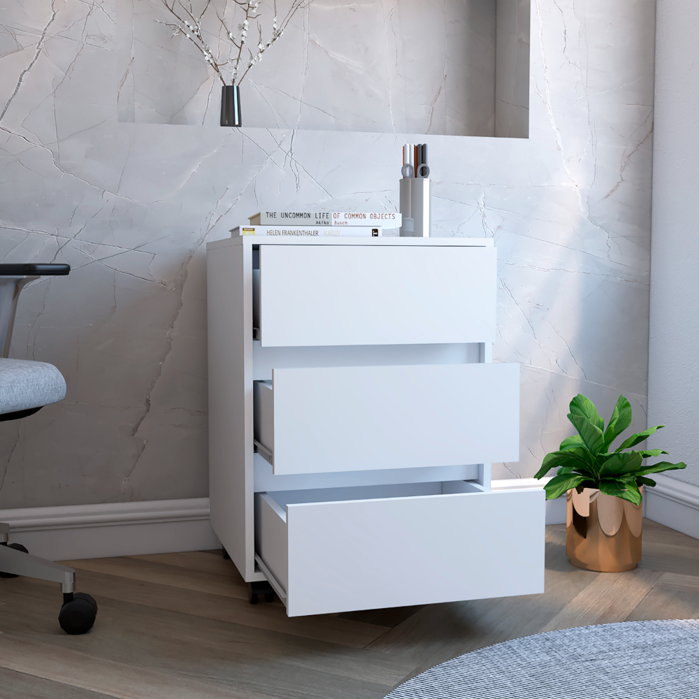 Filing Cabinet, Four Casters, Three Drawers, Top Surface, White | Premium Home Decor - Grand Goldman