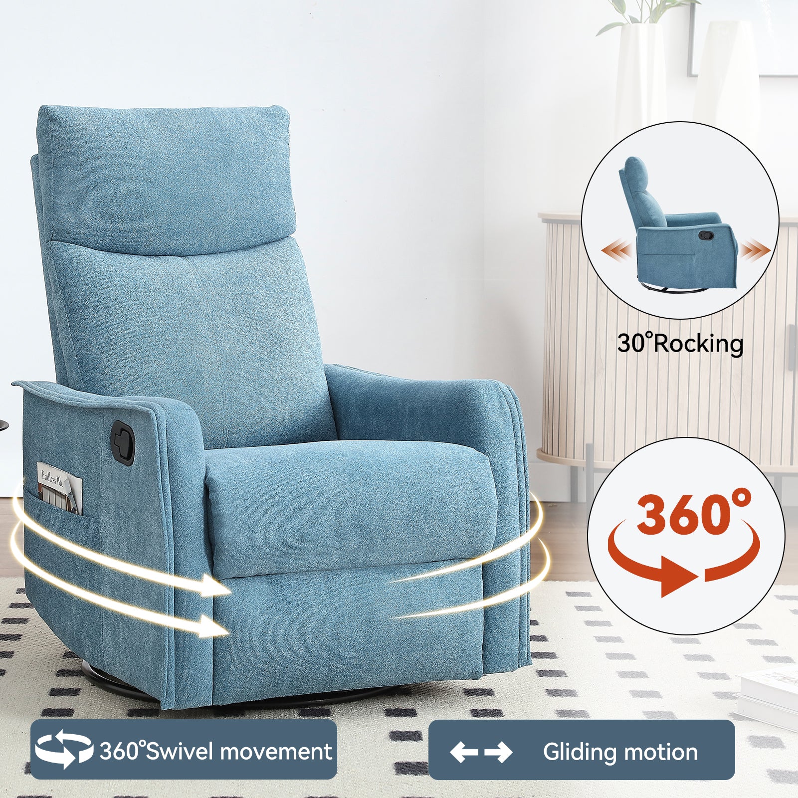 Heat Massage Manual Recliner Chair with Rocker and Swivel in Fabric for Living Room, Blue - Grand Goldman Shop