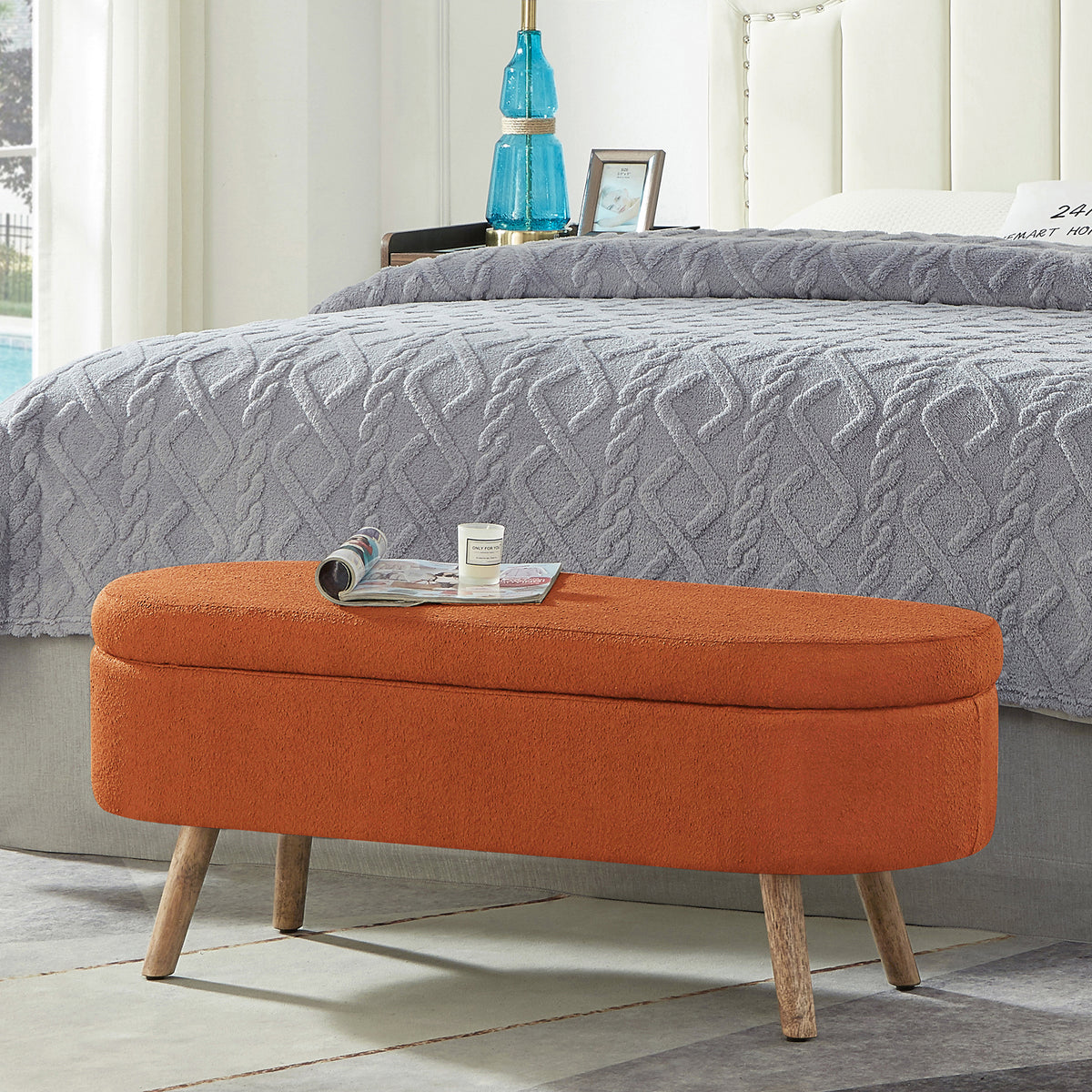 Luxury Oval Boucle Storage Ottoman Bench with Wood Legs 350lb Weight Capacity & Safety Hinge, for Living Room, Bedroom Entryway,ORANGE - Grand Goldman Shop