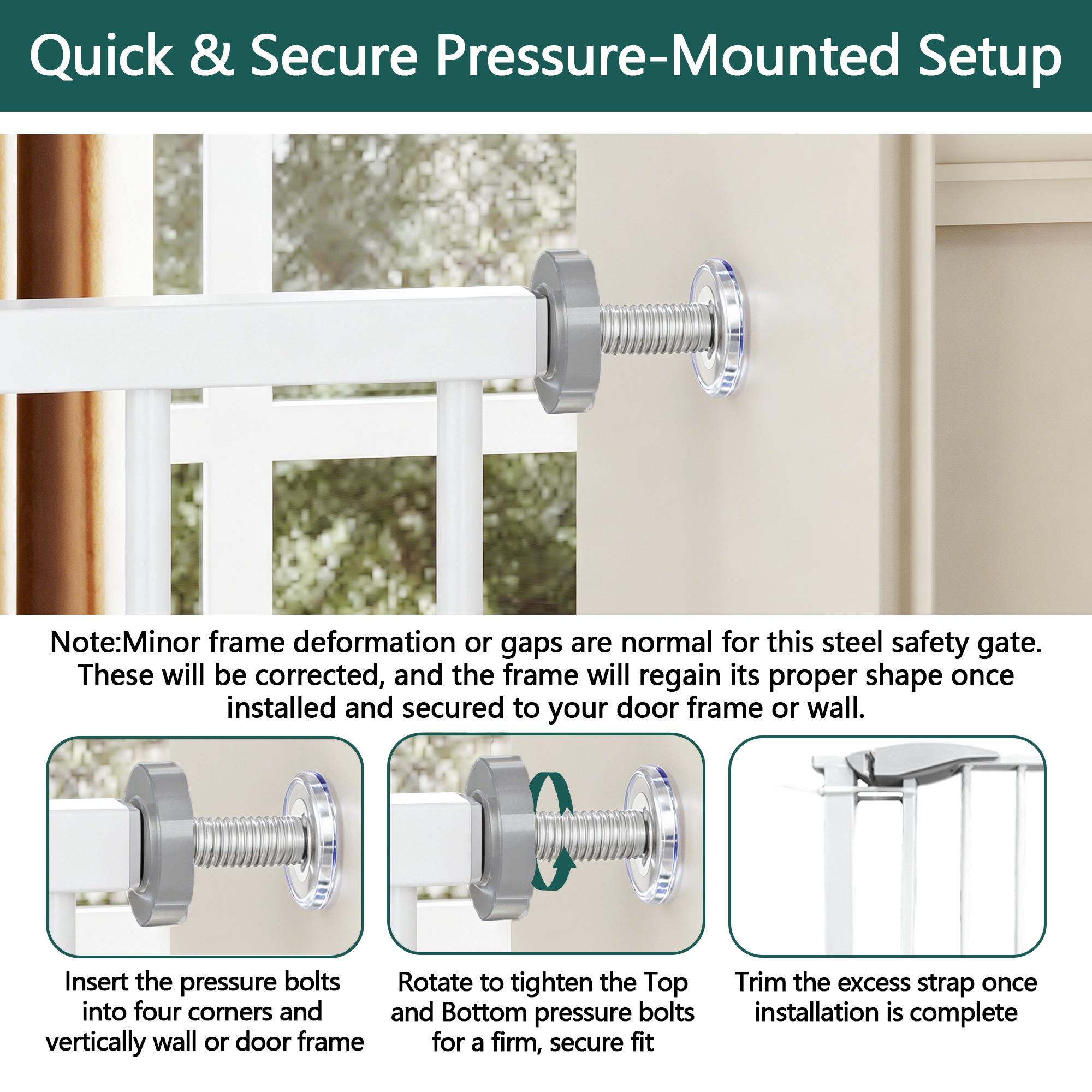 White Pressure-Mounted Baby Gate for Stairs, 29.5-44.1' Wide, Steel and ABS Construction, Easy Walk-Through Design for Kids a