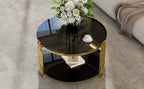 Modern Black Mirror Coffee Table, Asymmetrical Metal, Circular Metal Drum Base, Gold Finish & Lower Shelf - Grand Goldman Shop
