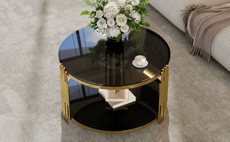 Modern Black Mirror Coffee Table, Asymmetrical Metal, Circular Metal Drum Base, Gold Finish & Lower Shelf - Grand Goldman Shop