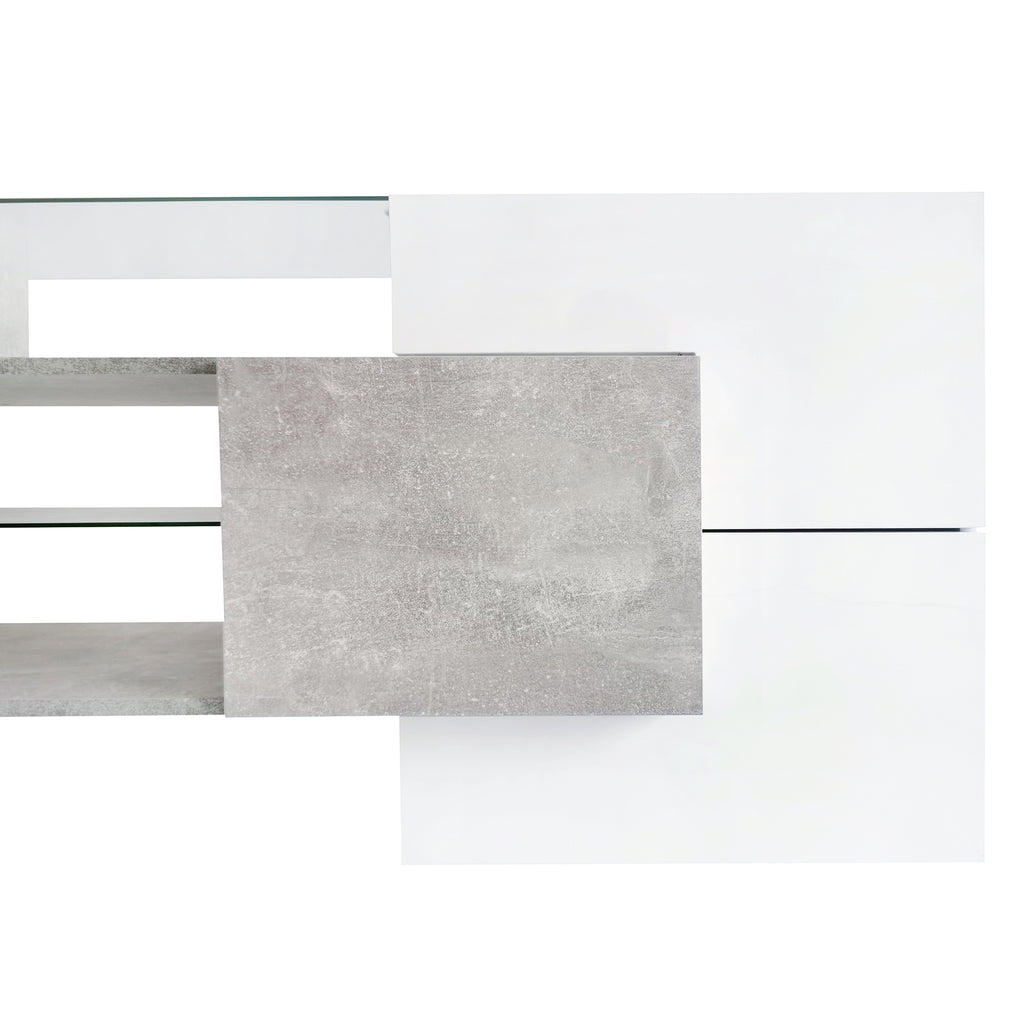 ON-TREND Unique Shape TV Stand with 2 Illuminated Glass Shelves, High Gloss Entertainment Center for TVs Up to 88', Versatile TV Cabinet with LED Color Changing Lights for Living Room, Grey - Grand Goldman Shop