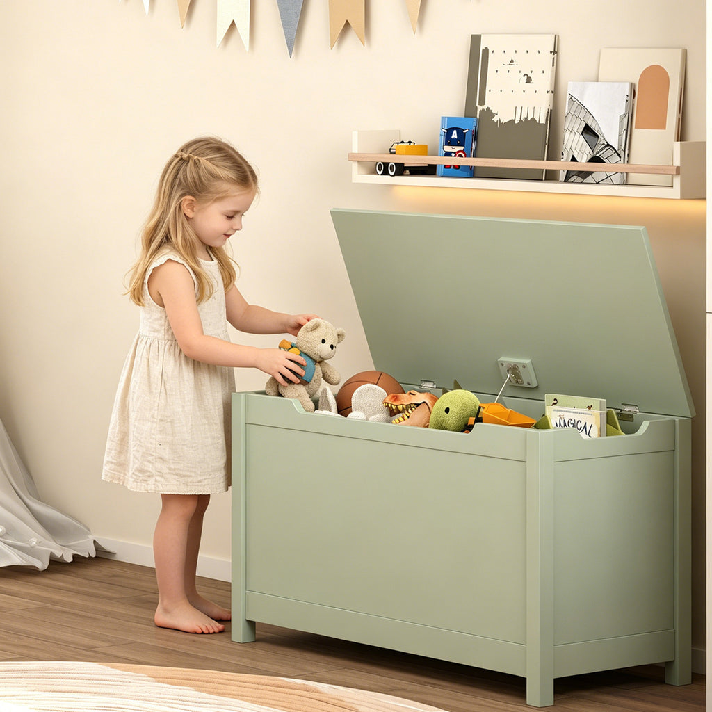 Kids Wooden Toy Box Storage with Safety Hinged Lid for Ages 2+ (Sage) | Premium Home Decor - Grand Goldman