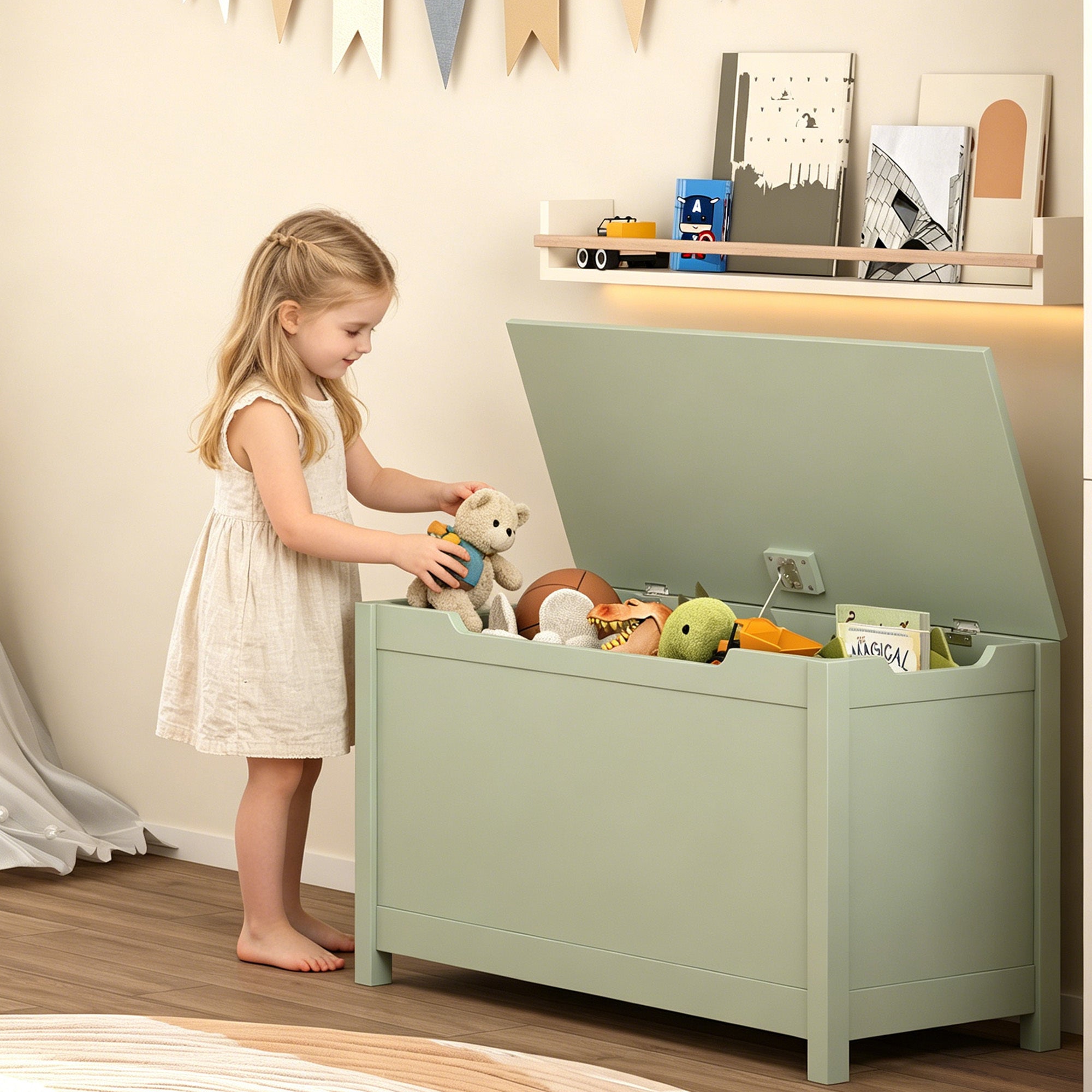 Kids Wooden Toy Box Storage with Safety Hinged Lid for Ages 2+ (Sage) | Premium Home Decor - Grand Goldman