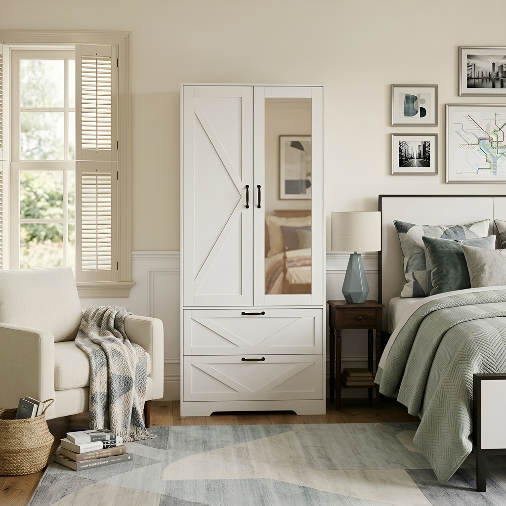 2 Door Wood Wardrobe for Bedroom with Hanging Clothing Rod inside the Cabinet and 2 Drawers for Storage Organization, Built-in induction light Multifunctional Closet with Mirror, White - Grand Goldman Shop