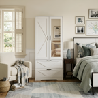 2 Door Wood Wardrobe for Bedroom with Hanging Clothing Rod inside the Cabinet and 2 Drawers for Storage Organization, Built-in induction light Multifunctional Closet with Mirror, White - Grand Goldman Shop