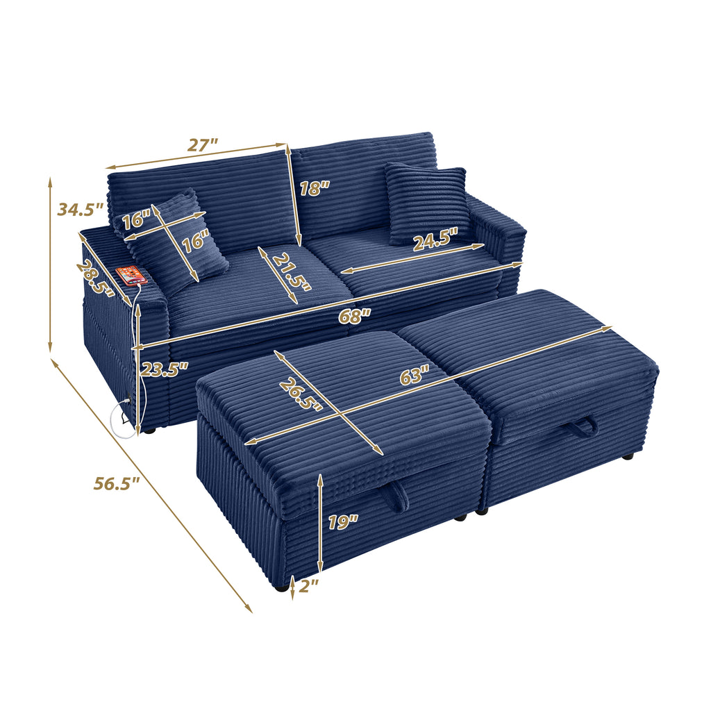 Comfortable Fluffy Corduroy Lazy Sofa, Storage Space for Big Loveseat, Super Soft Chaise Lounge with Double Ottomans and Table Board,Suitable for Chailiving - Grand Goldman Shop