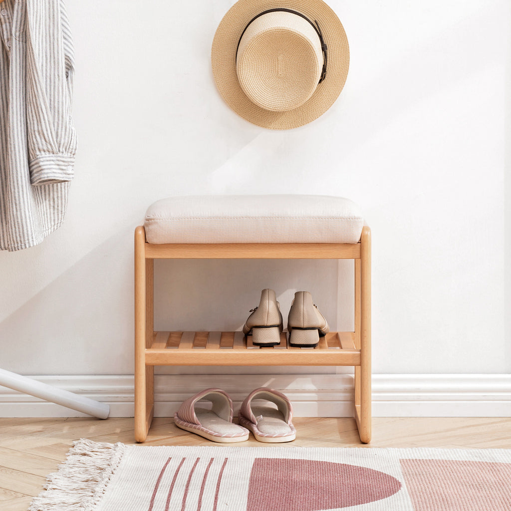 Natural Solid Wood Shoe Bench with Beech Wood Storage Rack Organizer and High Rebound Sponge Cushion in Beige - Grand Goldman Shop