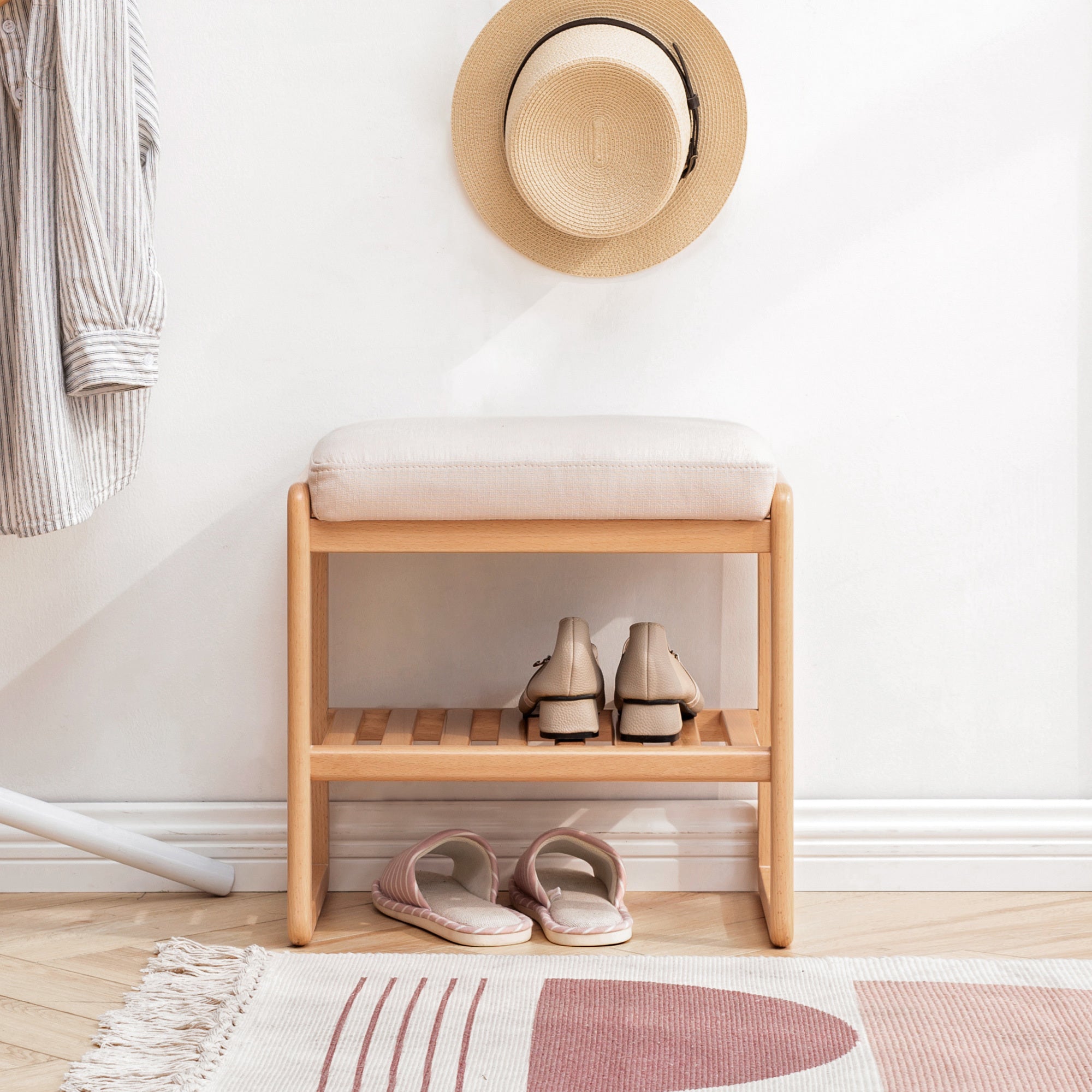 Natural Solid Wood Shoe Bench with Beech Wood Storage Rack Organizer and High Rebound Sponge Cushion in Beige - Grand Goldman Shop