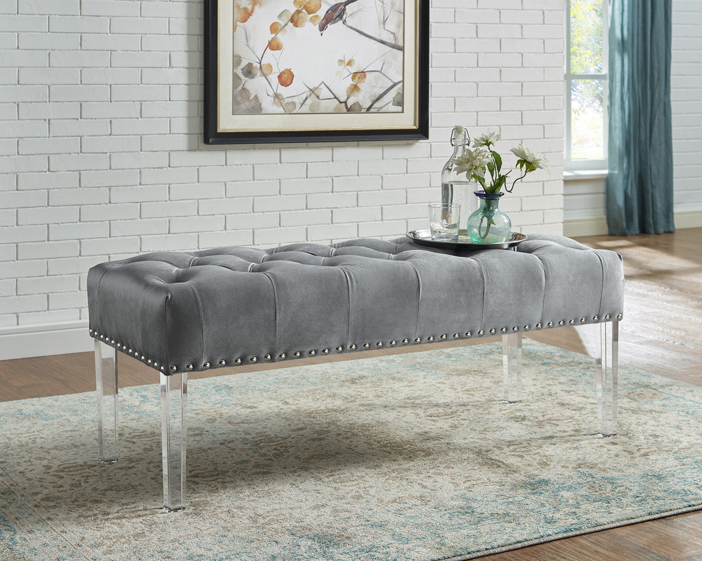 Valley Button Tufted Velvet Upholstered Bench with Acrylic Leg, Gray - Grand Goldman Shop