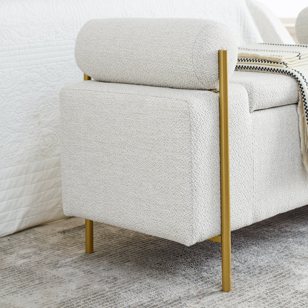 Elegant Upholstered Linen Storage Bench with Cylindrical Arms and Iron Legs, White - Grand Goldman Shop