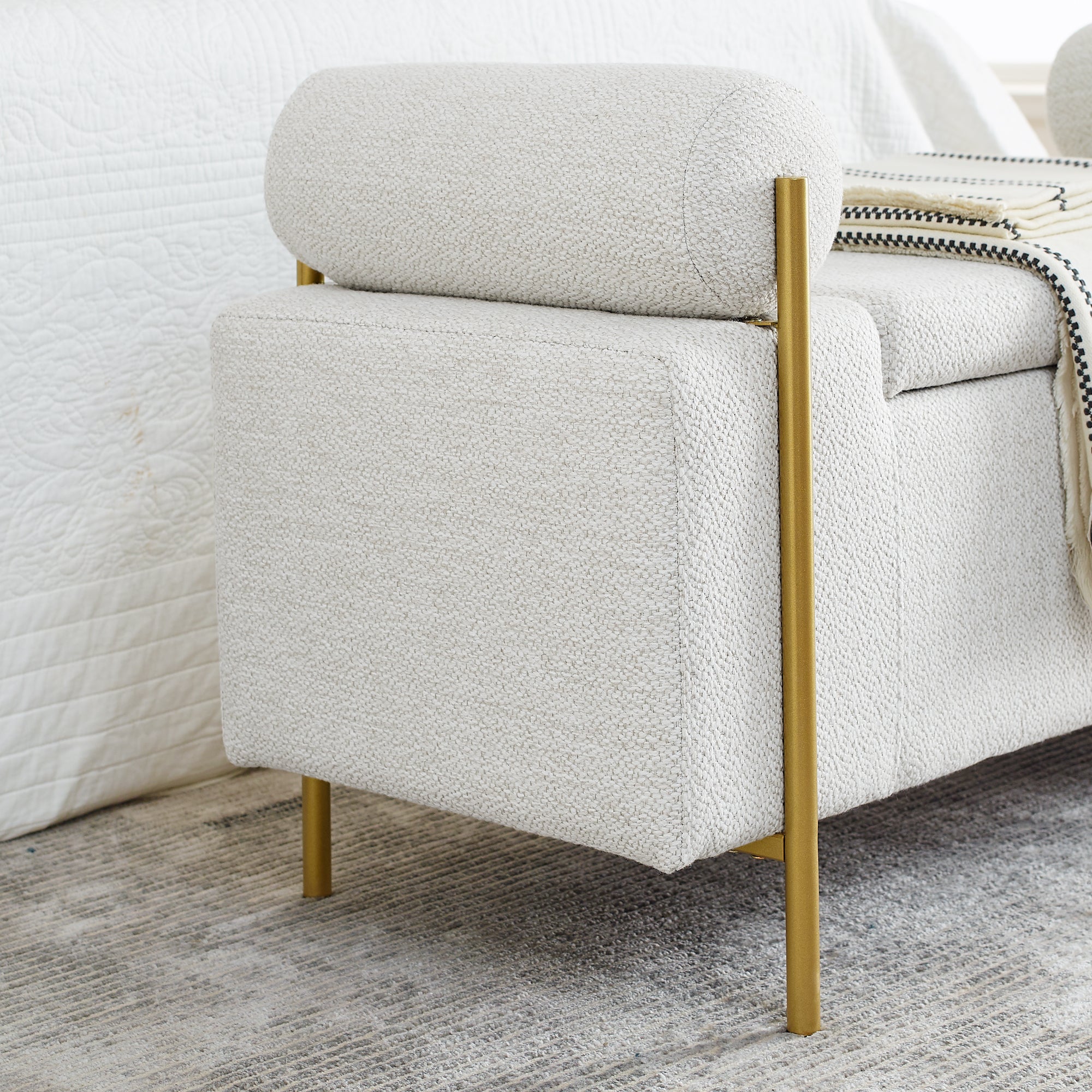 Elegant Upholstered Linen Storage Bench with Cylindrical Arms and Iron Legs, White - Grand Goldman Shop