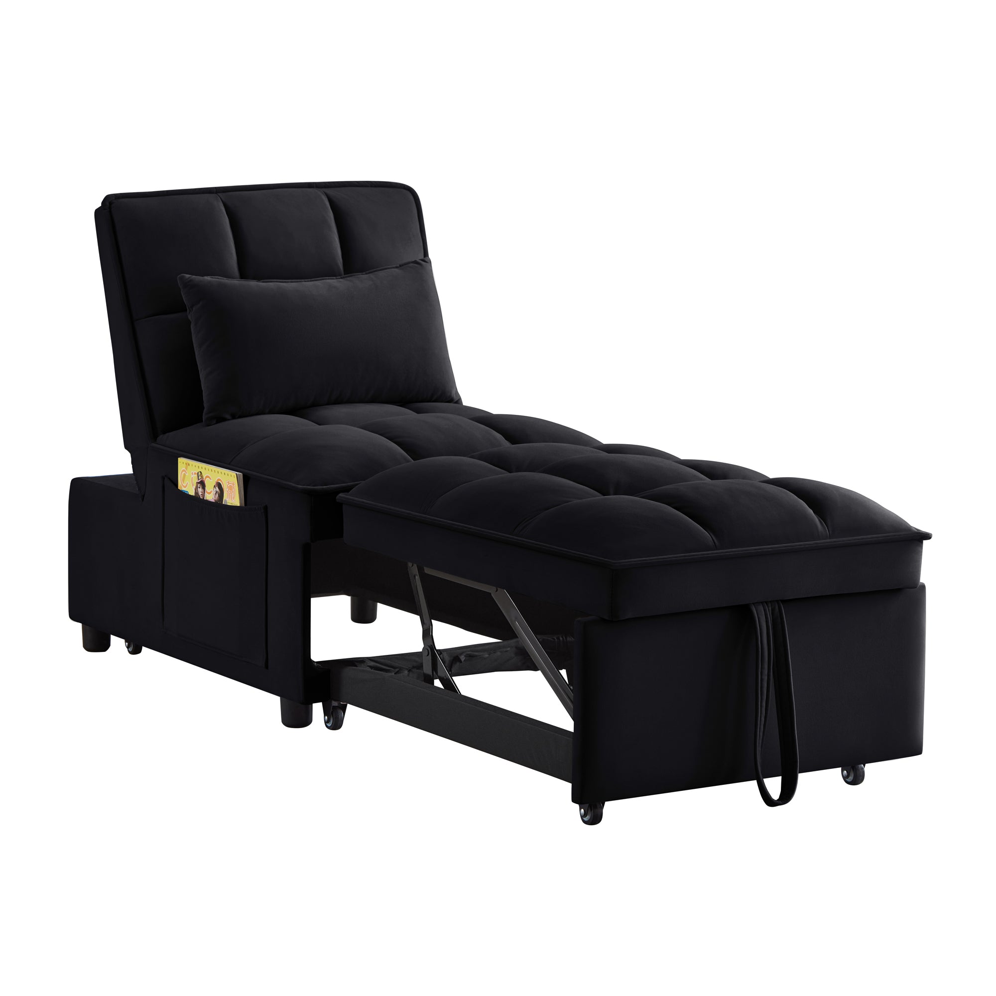 4 in1 Multi-Function Single Sofa Bed with Storage Pockets,Tufted Single Pull-out Sofa Bed with Adjustable Backrest and Pillows ,Convertible  Chaise Lounge,Black - Grand Goldman Shop