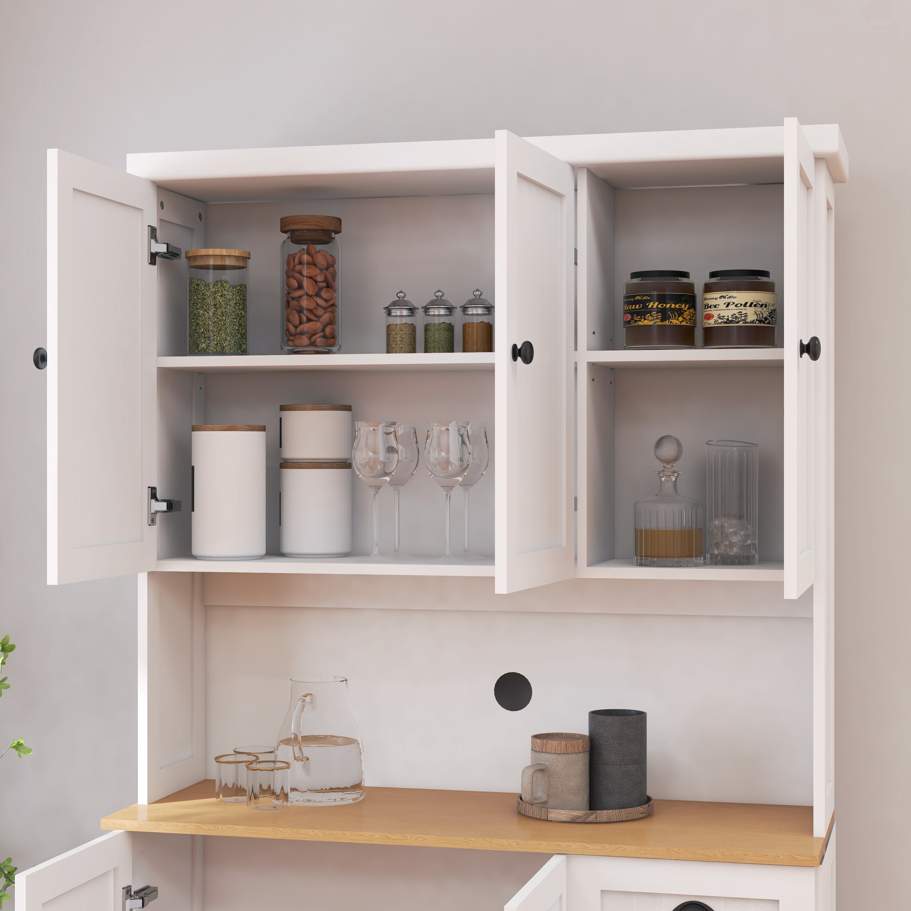 71' Kitchen Pantry Storage Cabinet with Microwave Oven Countertop, Freestanding Hutch Cabinet with Adjustable Shelves, 6 Doors and 1 Drawer-White - Grand Goldman Shop
