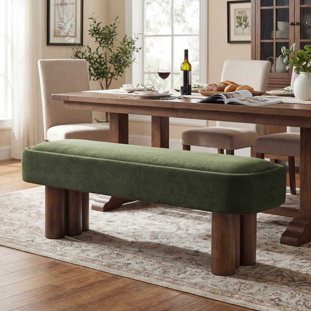 Indoor Green Fabric Dining Bench with Walnut Color Legs, 60.04'L Upholstered Seating for Kitchen, Dining Room and Living Space,250lbs Capacity - Grand Goldman Shop