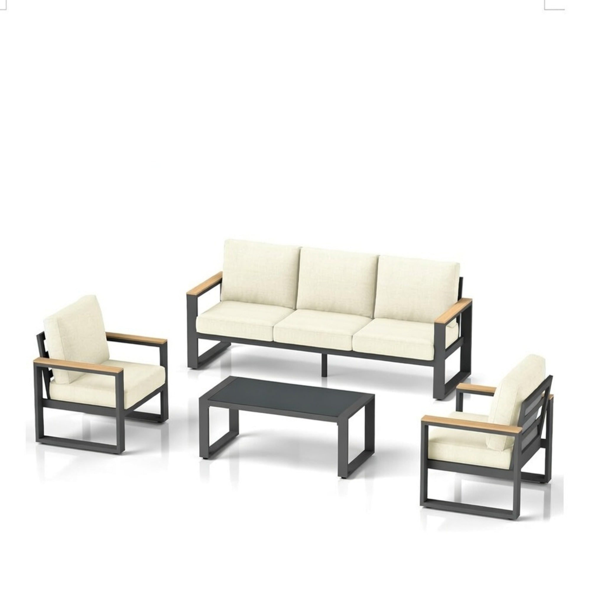 4-teiliges Allwetter-Gartenset aus Ultra-Aluminium mit 10 Zoll dicken beigefarbenen Kissen und gehärteter Glasplatte in Beige+Grau