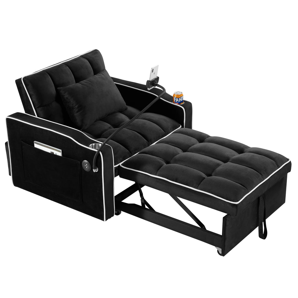 Convertible Sleeper Chair Sofa Bed with Multi-Pockets, Adjustable Pull Out Sofa for Small Spaces, Black Velvet - Grand Goldman Shop