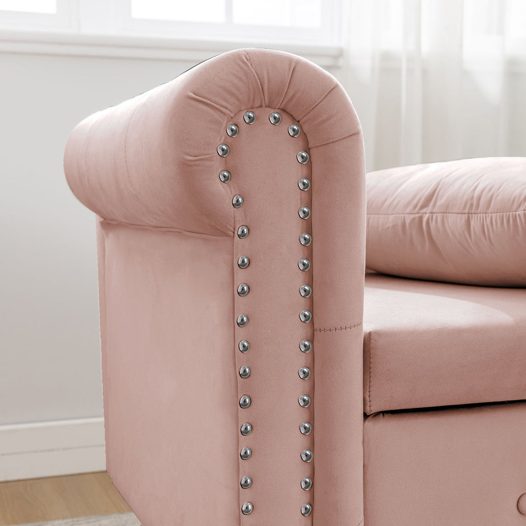 Pink Chaise Lounge Indoor, Velvet Lounge Chair for Bedroom with Storage & Pillow, Modern Upholstered Rolled Arm Chase Lounge for Sleeping with Nailhead Trim for Living Room Bedroom Office - Grand Goldman Shop