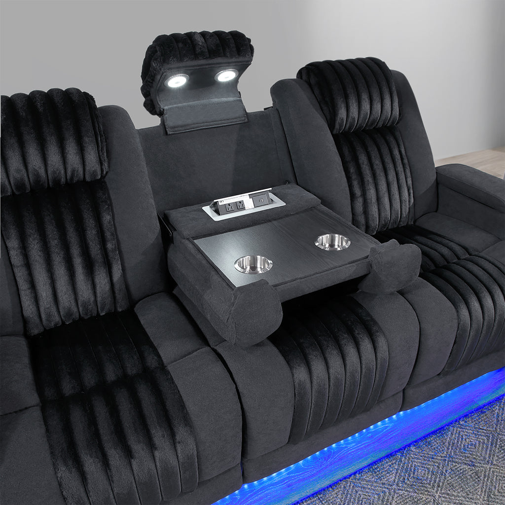 Duran Black 3PC Power Reclining Sofa-Loveseat and Recliner with Power Headrest, LED, USB and Bluetooth Speaker - Grand Goldman Shop