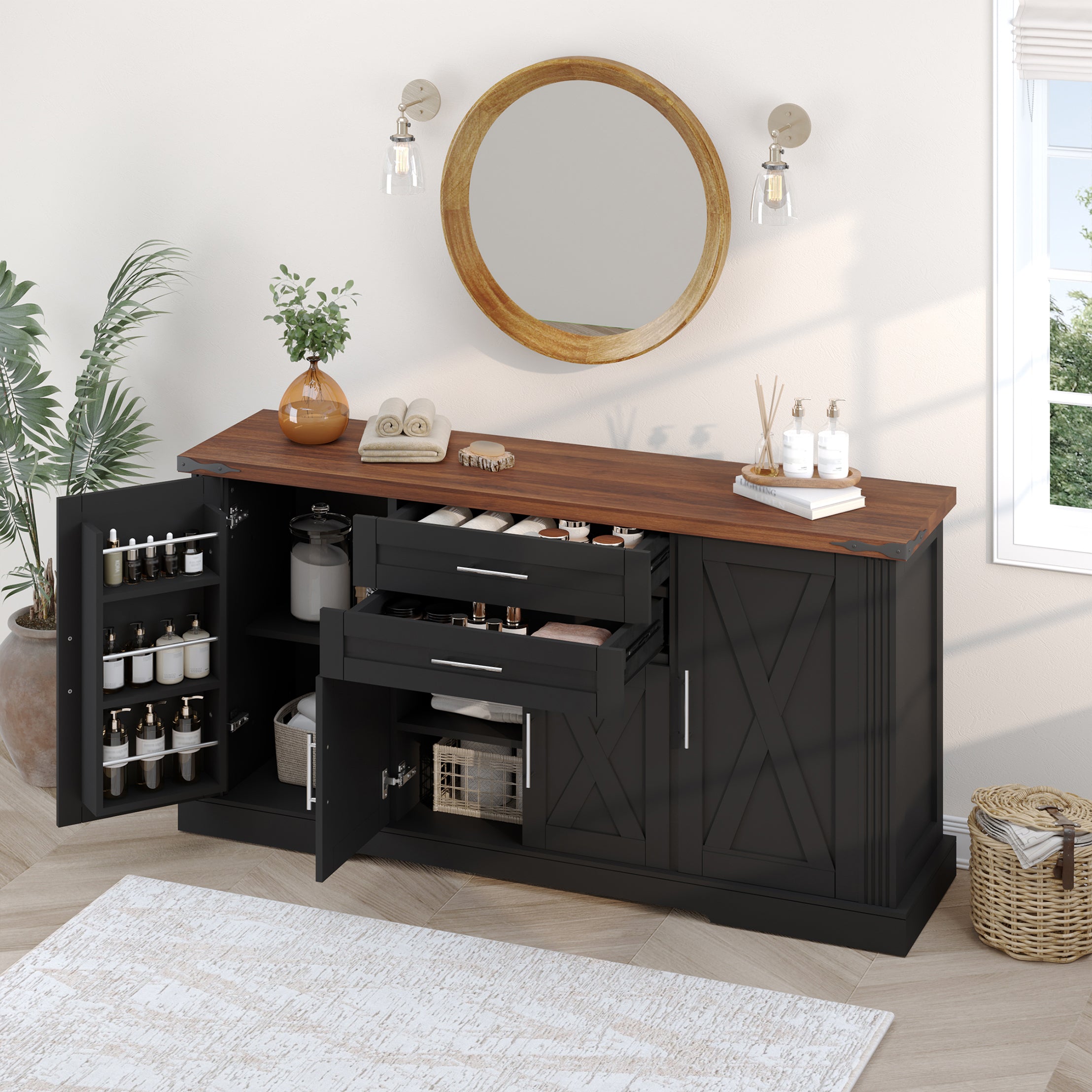 Black Farmhouse Barn Door Storage Cabinet with 2 Drawers & Door Rack, Adjustable Shelves, MDF Construction, 63.11' L x 15.75' W x 32.09' H - Grand Goldman Shop