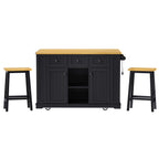 K&K 53inch Large Kitchen Island with 2 Bar Stools, Power Outlet,Door Internal Storage Rack, Kitchen Storage Cart on 5 Wheels with Drop Leaf, 5 Open Side Racks, 3 Drawers,Black (Three Packages) - Grand Goldman Shop