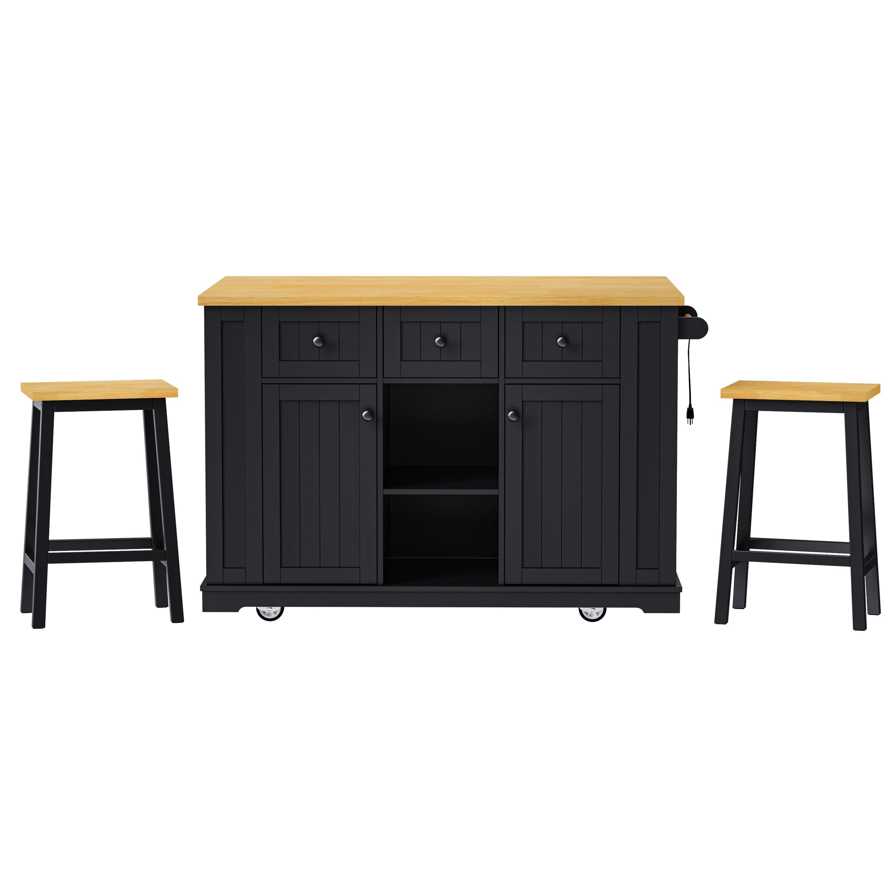 K&K 53inch Large Kitchen Island with 2 Bar Stools, Power Outlet,Door Internal Storage Rack, Kitchen Storage Cart on 5 Wheels with Drop Leaf, 5 Open Side Racks, 3 Drawers,Black (Three Packages) - Grand Goldman Shop
