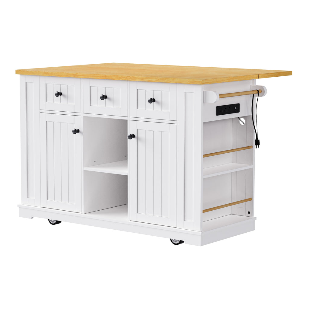 K&K 53inch Large Kitchen Island with Drop Leaf,Power Outlet,Door Internal Storage Rack,Rolling Kitchen Cart on 5 Wheels with 5 Open Side Racks for Kitchen,White (Two Packages)(Stools not included) - Grand Goldman Shop