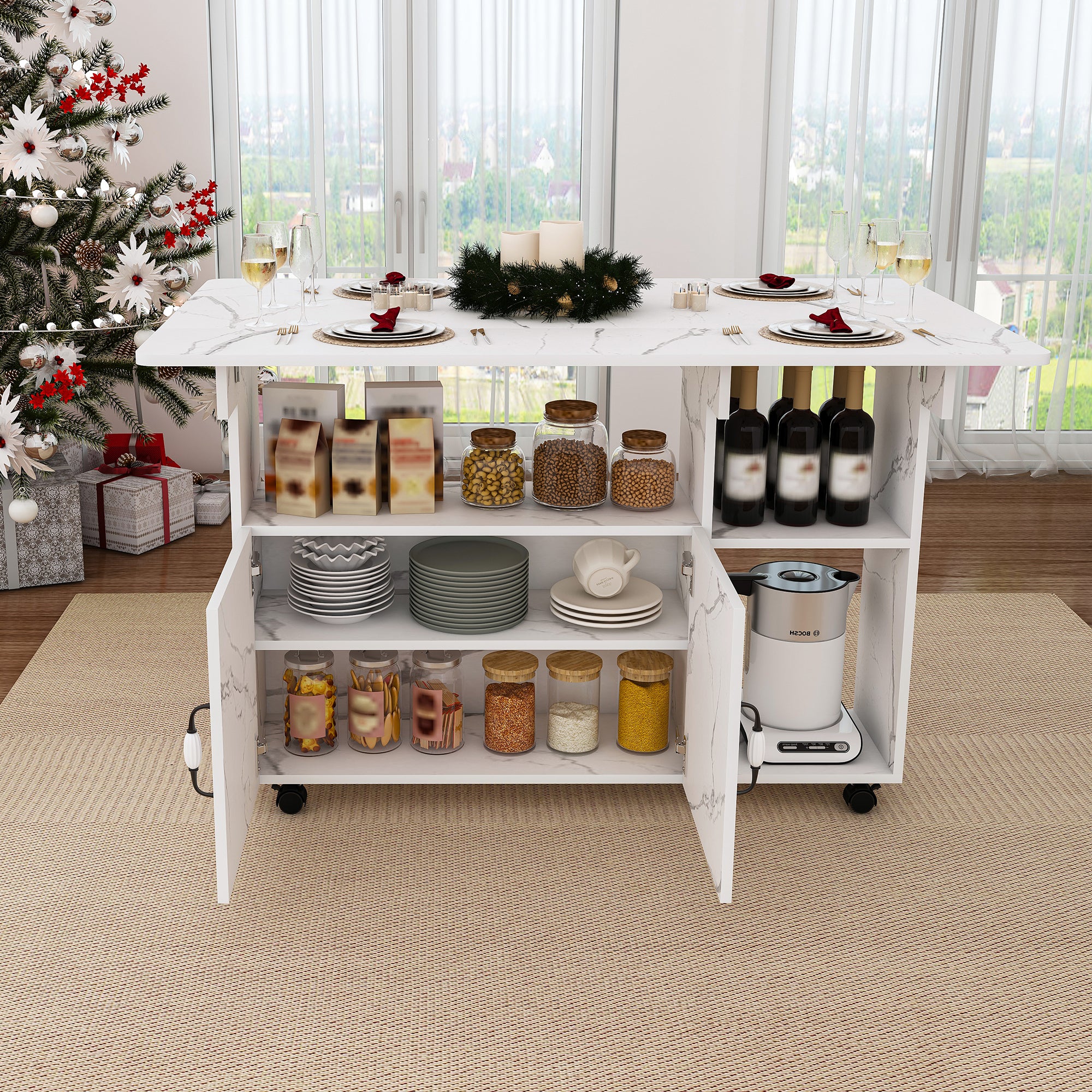 Multi-Functional Folding Table with Storage Shelves and Wheels, 47 Inch White MDF Compact Desk for Kitchen, Dorm, or Office - Grand Goldman Shop