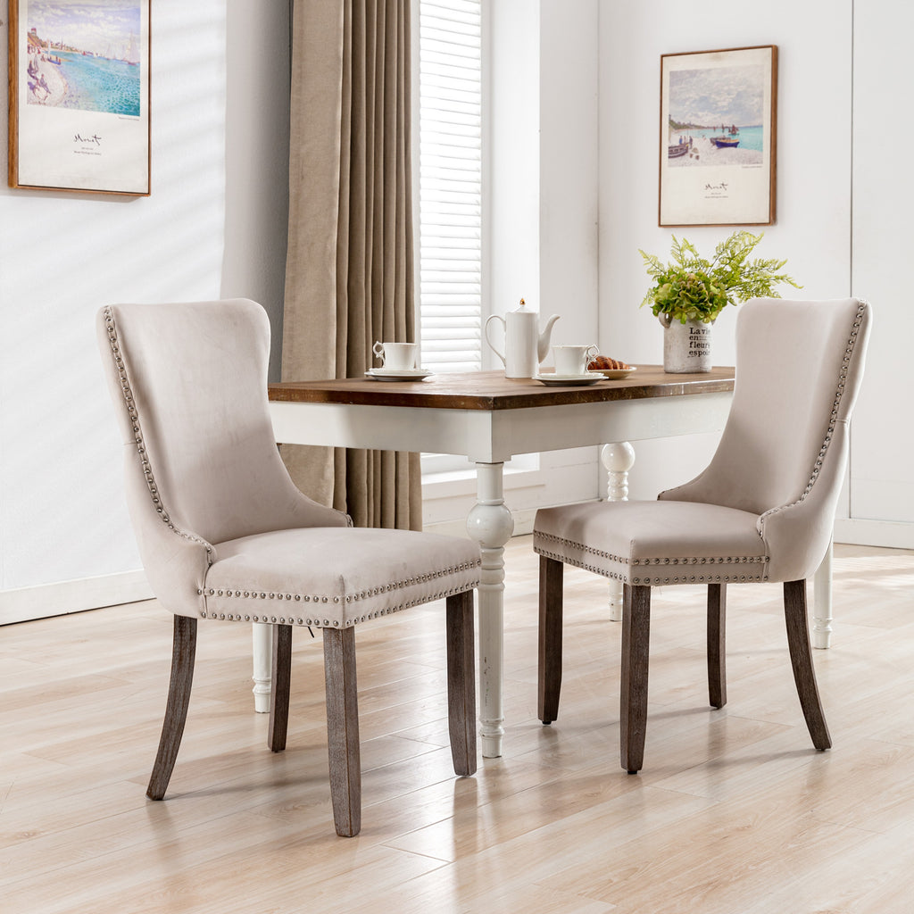 A&A Furniture,Upholstered Wing-Back Dining Chair with Backstitching Nailhead Trim and Solid Wood Legs,Set of 2, Beige,SW8809BG,KD - Grand Goldman Shop