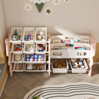 Kids Toy Storage Organizer with 2 Tier Bookshelf and 12 Toy Bins, Pink Polyethylene - Grand Goldman Shop