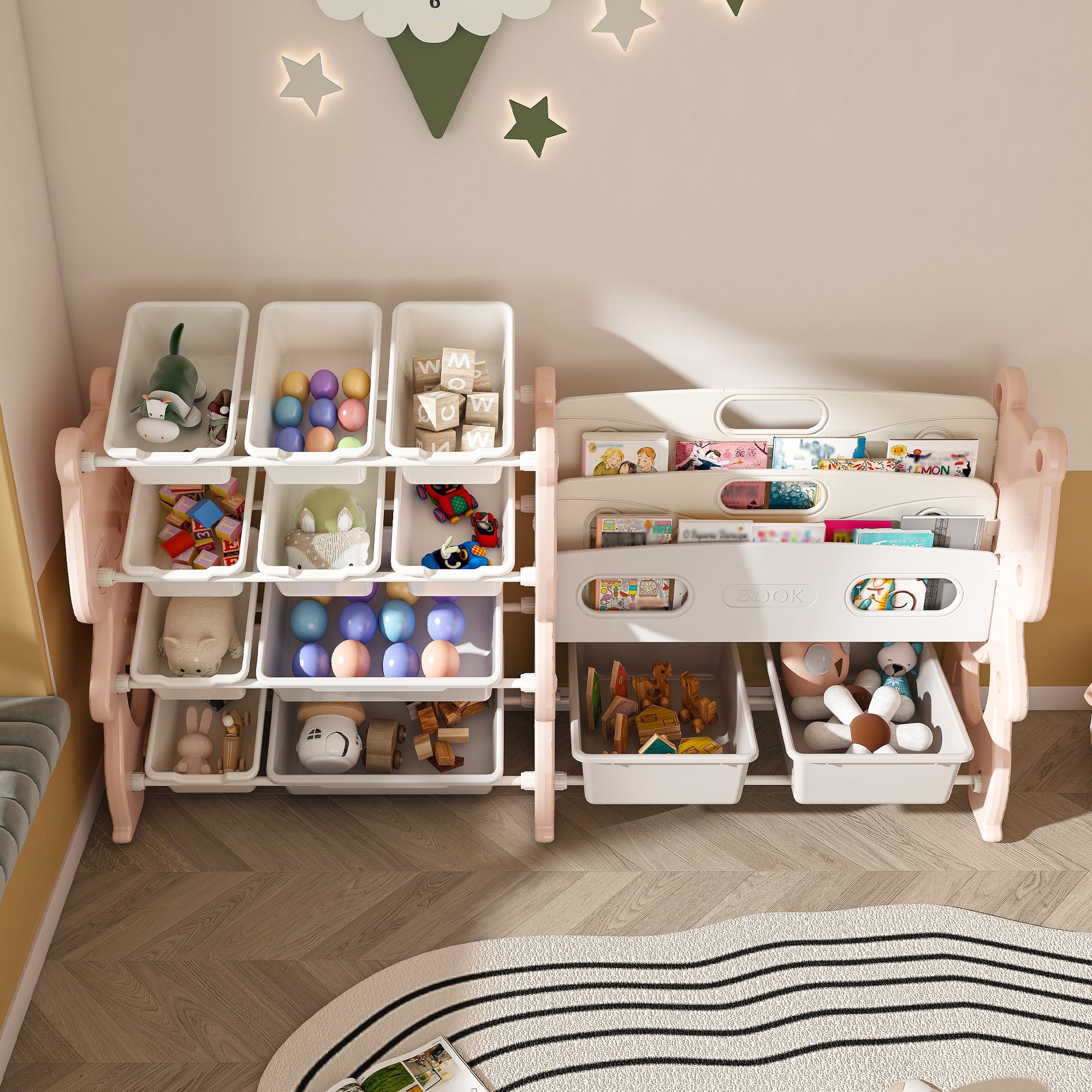 Kids Toy Storage Organizer with 2 Tier Bookshelf and 12 Toy Bins, Pink Polyethylene - Grand Goldman Shop