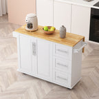 White Kitchen Island Cart with 2 Door Cabinet, 3 Drawers, Spice Rack & Towel Rack, Solid Wood Top, 43.31 Inch Width - Grand Goldman Shop
