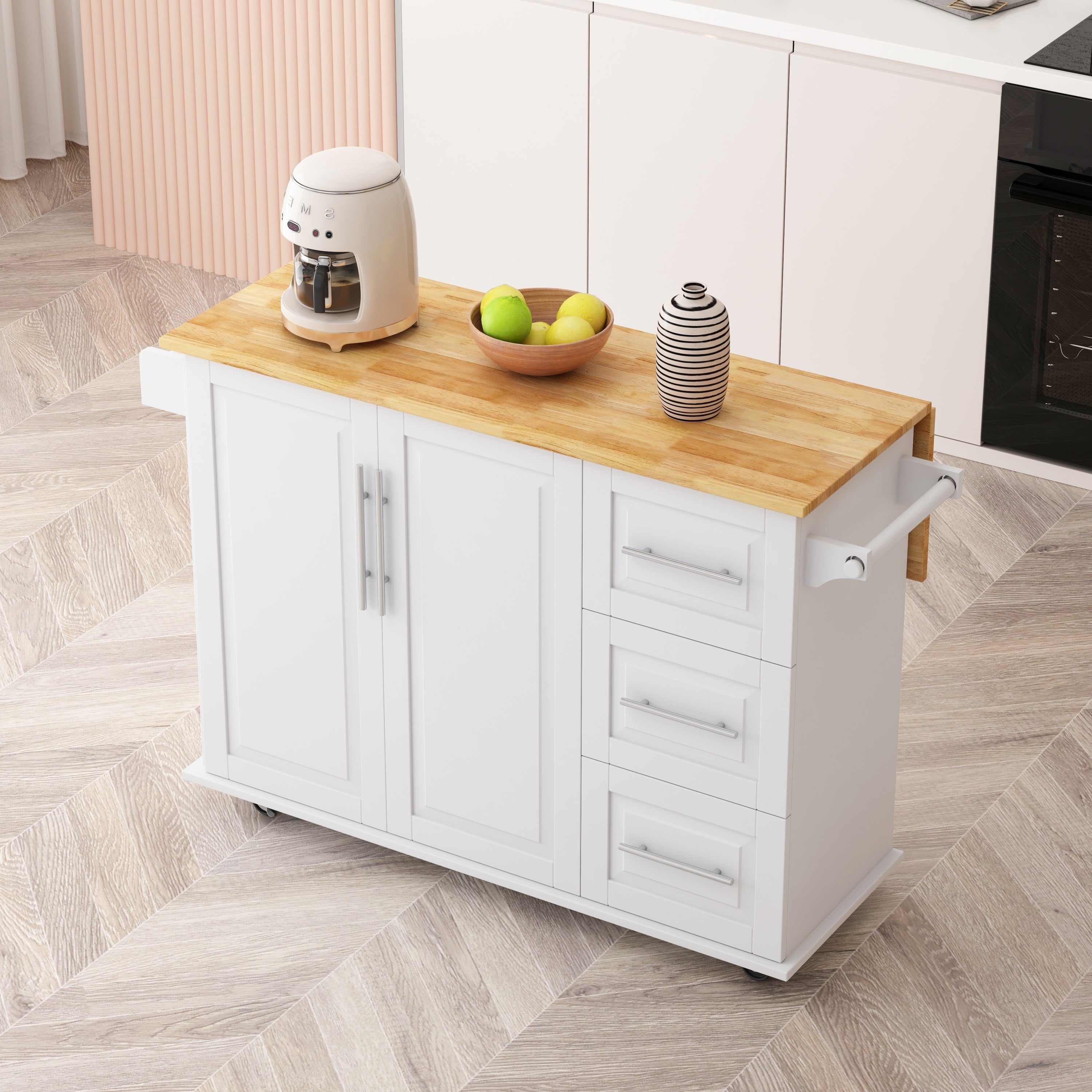 White Kitchen Island Cart with 2 Door Cabinet, 3 Drawers, Spice Rack & Towel Rack, Solid Wood Top, 43.31 Inch Width - Grand Goldman Shop